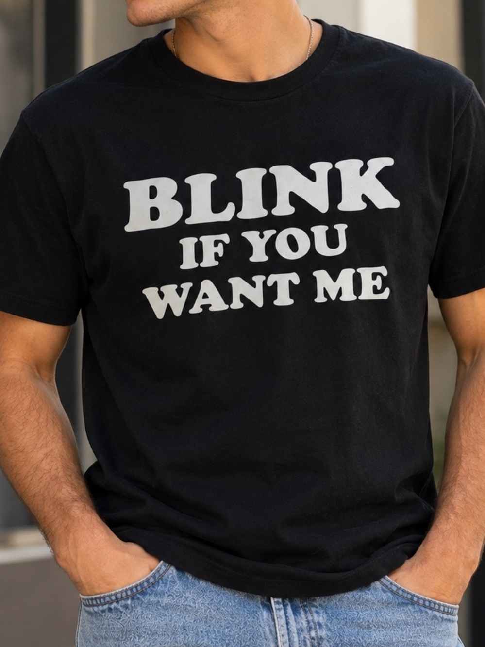 Blink If You Want Me Men’s Black Graphic Tee S Y2K Retro Slogan Shirt
